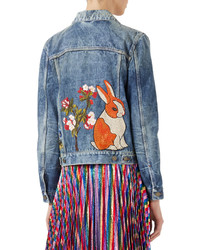 Gucci Embroidered Stained Denim Jacket Blue