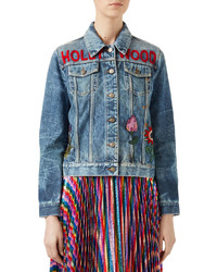 Gucci Embroidered Stained Denim Jacket Blue