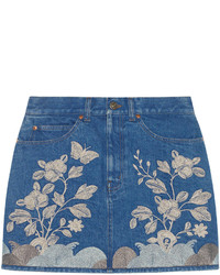 Blue Embroidered Denim Mini Skirt