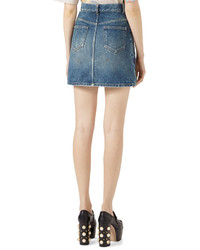 Gucci Embroidered Stained Denim Mini Skirt