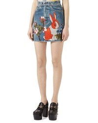 Gucci Embroidered Stained Denim Mini Skirt