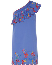 Saloni Esme One Shoulder Embroidered Washed Stretch Cotton Mini Dress Blue
