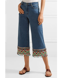 Alice + Olivia Alice Olivia Beta Cropped Embroidered High Rise Wide Leg Jeans Blue