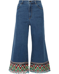 Alice + Olivia Alice Olivia Beta Cropped Embroidered High Rise Wide Leg Jeans Blue