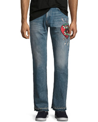Gucci Denim Straight Pants Wembroidery Blue Stone Bleach Wash