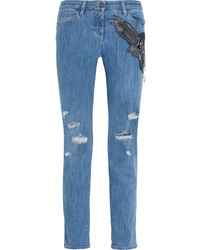 Roberto Cavalli Distressed Embellished Silk Appliqud Mid Rise Straight Leg Jeans Mid Denim