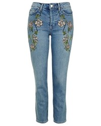Topshop Floral Embroidered High Rise Crop Jeans