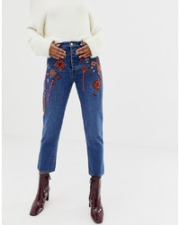 ASOS DESIGN Florence Authentic Straight Leg Jeans In Dusty Mid Blue Hanging Embroidery