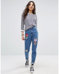 Glamorous Mom Jeans With Embroidered Heart Patches