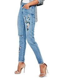 Missguided Riot Ripped High Waist Embroidered Jeans