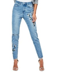 Missguided Riot Ripped High Waist Embroidered Jeans