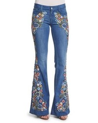 Alice + Olivia Ryley Embroidered Flare Jeans Light Blue