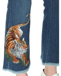 Stella McCartney Tiger Embroidered Flared Cropped Mid Rise Jeans
