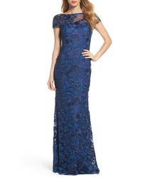 Blue Embroidered Lace Evening Dress