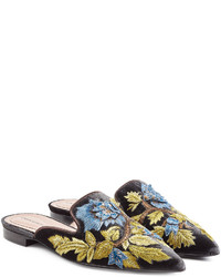 Blue Embroidered Leather Mules