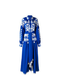 Blue Embroidered Linen Midi Dress