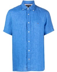 Blue Embroidered Linen Short Sleeve Shirt