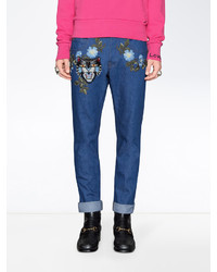 Gucci Tapered Denim Pant With Embroidery, $1,093 | farfetch.com