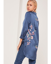 Missguided Blue Long Sleeved Embroidered Satin Shirt