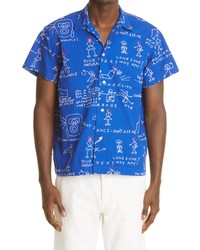 Bode Doodle Scene Embroidered Short Sleeve Cotton Button Up Shirt