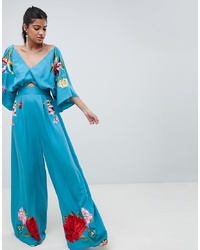 Blue Embroidered Silk Jumpsuit