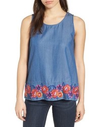 Blue Embroidered Sleeveless Top