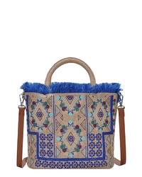 Blue Embroidered Straw Tote Bag