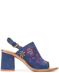 Blue Embroidered Suede Sandals