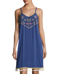 Neiman Marcus Braided Shoulder Embroidered Tank Dress