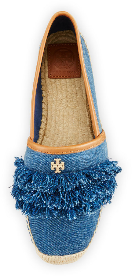 Tory Burch Shaw Fringe Espadrille Flat Denim Blueroyal Tan, $175 | Neiman  Marcus | Lookastic