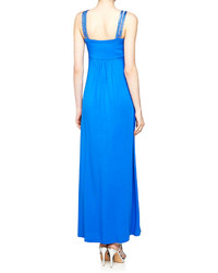 Neiman Marcus Bead Embellished Ruched Maxi Dress Ocean Blue