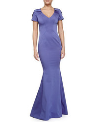 Zac Posen Zac Maira Short Sleeve Gown With Train Iris