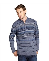 Hickey Freeman Blue Wool Blended Fair Isle Intarsia Knit Zip Neck Sweater