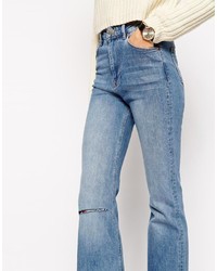 Asos Collection Petite Slim Mom Flared Jeans In Vintage Wash With Displaced Ripped Knees