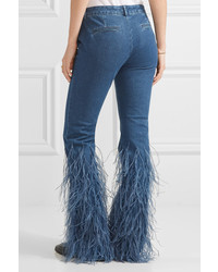 Michael Kors Michl Kors Collection Feather Trimmed Mid Rise Flared Jeans Mid Denim