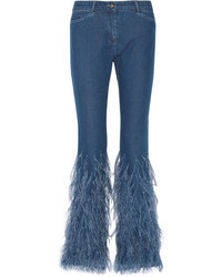 Michael Kors Michl Kors Collection Feather Trimmed Mid Rise Flared Jeans Mid Denim