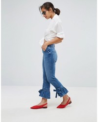 Asos Petite Petite Farleigh High Waist Slim Mom Jeans With Flared Bow Hem In Prince Wash