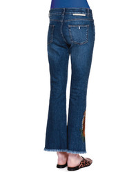Stella McCartney Tiger Embroidered Flare Leg Cropped Jeans Dark Blue