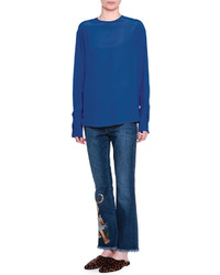 Stella McCartney Tiger Embroidered Flare Leg Cropped Jeans Dark Blue