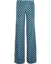 Miu Miu Printed Silk Crepe De Chine Flared Pants Blue