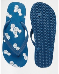 Asos Brand Flip Flops In Navy With Pineapple Print