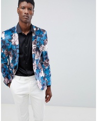 ASOS DESIGN Asos Super Skinny Blazer In Blue Velvet Floral Print