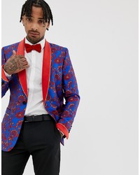 ASOS Edition Skinny Blazer In Blue And Red Floral Jacquard And Shawl Lapel