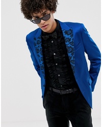 ASOS DESIGN Skinny Blazer In Blue Satin With Jacquard Lapel