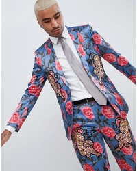 ASOS Edition Skinny Suit Jacket In Blue Floral Print With Tiger Patches