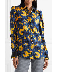 Altuzarra Marlowe Floral Print Silk Jacquard Blouse Storm Blue