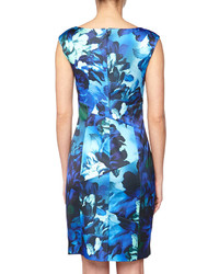 Kay Unger New York Floral Print Satin Cocktail Dress Blue Multi