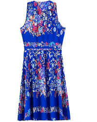 Blue V Neck Sleeveless Floral Knotted Dress