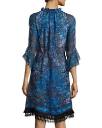 Elie Tahari Rayna 34 Sleeve Floral Print Chiffon Dress Blue