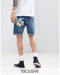 Blue Floral Denim Shorts